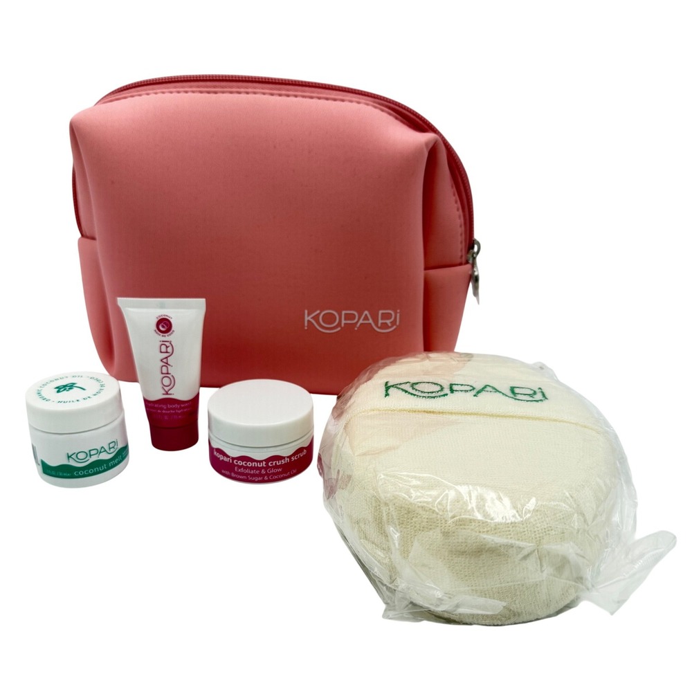 Kopari Coconut Skincare Travel Set Pink Pouch Body Wash Scrub Melt Loofah NEW